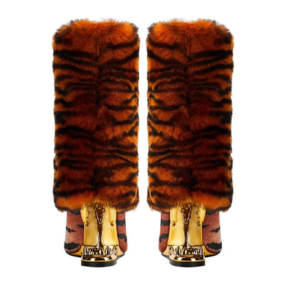 Tiger Print Fang High Heel Ankle Boots