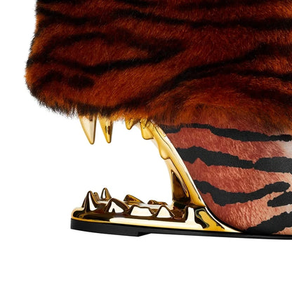 Tiger Print Fang High Heel Ankle Boots