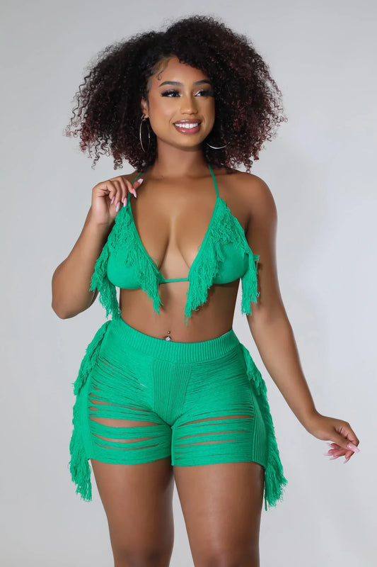 Tropic Sand Green Fringe Set with Triangle Top and High-Waisted Shorts