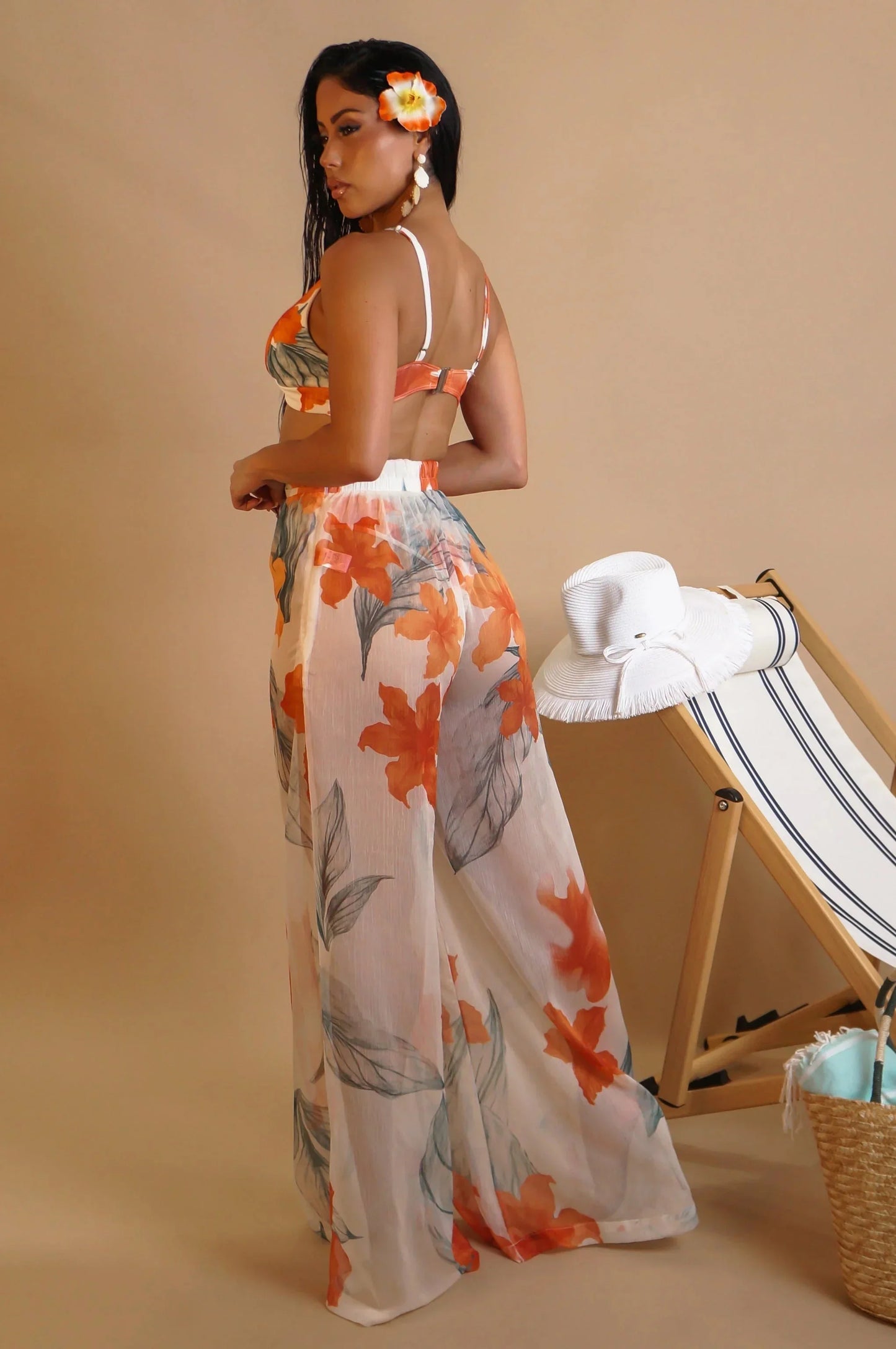 Tropical Bloom 3-Piece Bikini Set with Sheer Pants