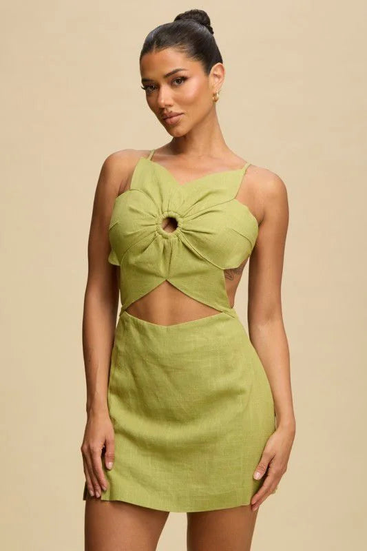 Tropical Bloom Cut-Out Mini Dress - Olive