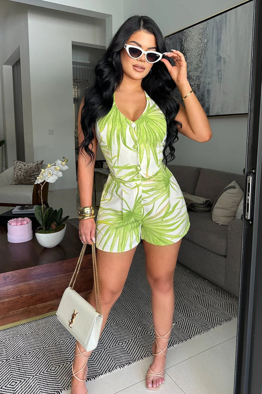 Tropical Breeze Halter Short Set Ivory/Green