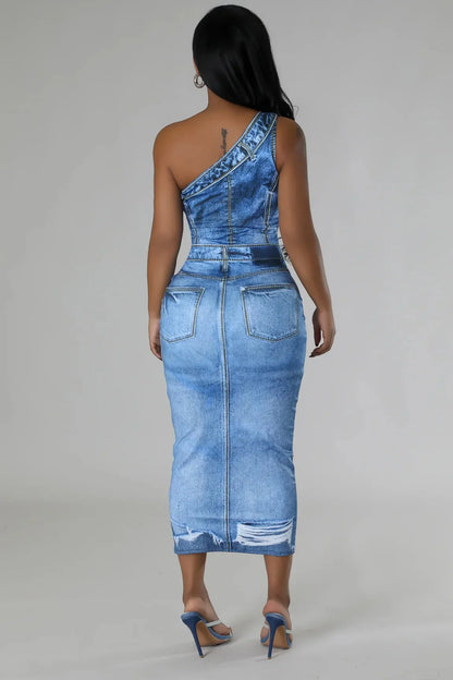 Urban Edge One-Shoulder Denim Midi Dress (Light Blue)