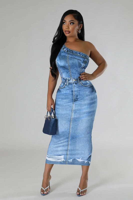 Urban Edge One-Shoulder Denim Midi Dress (Light Blue)