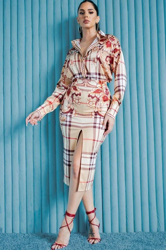 Urban Floral Plaid Skirt Set – Modern Elegance with Floral Flair