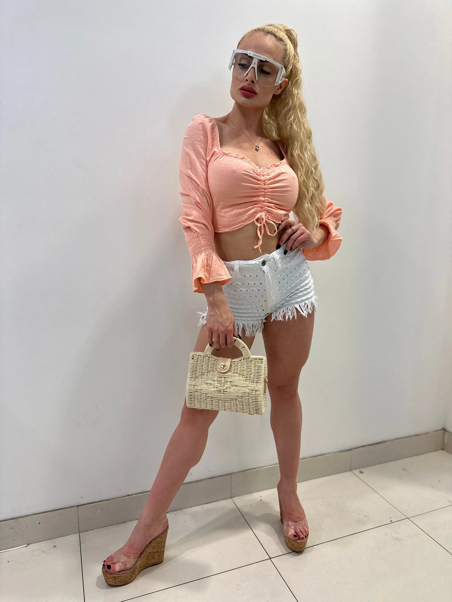 Vacation Mode Peach Crop Top with Ruched Front Detail