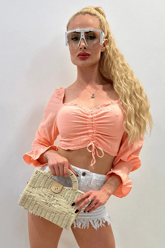 Vacation Mode Peach Crop Top with Ruched Front Detail
