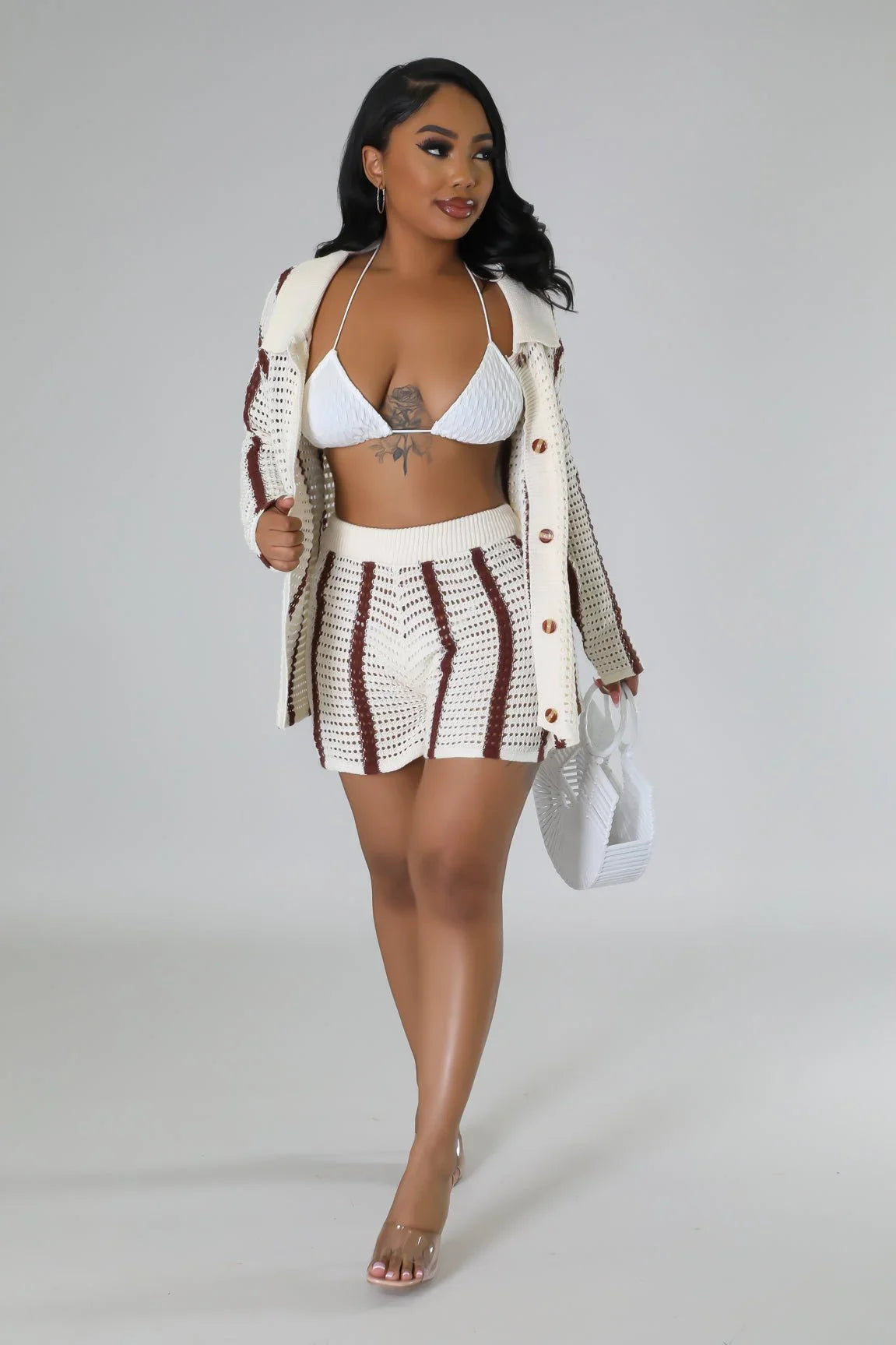 Vacation Mood Crochet Short Set – Brown Knit Two-Piece Outfit