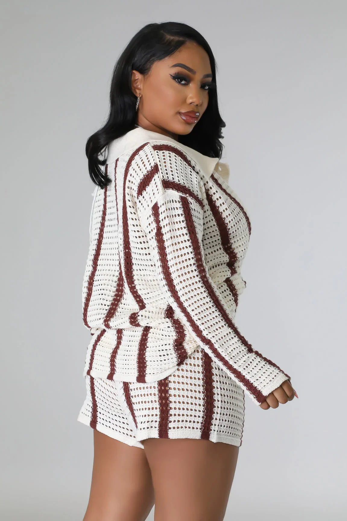 Vacation Mood Crochet Short Set – Brown Knit Two-Piece Outfit