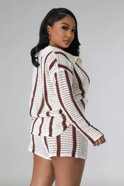 Vacation Mood Crochet Short Set – Brown Knit Two-Piece Outfit