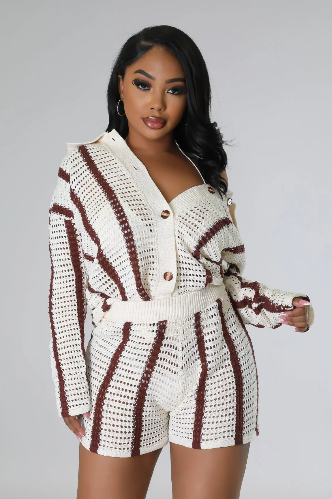 Vacation Mood Crochet Short Set – Brown Knit Two-Piece Outfit