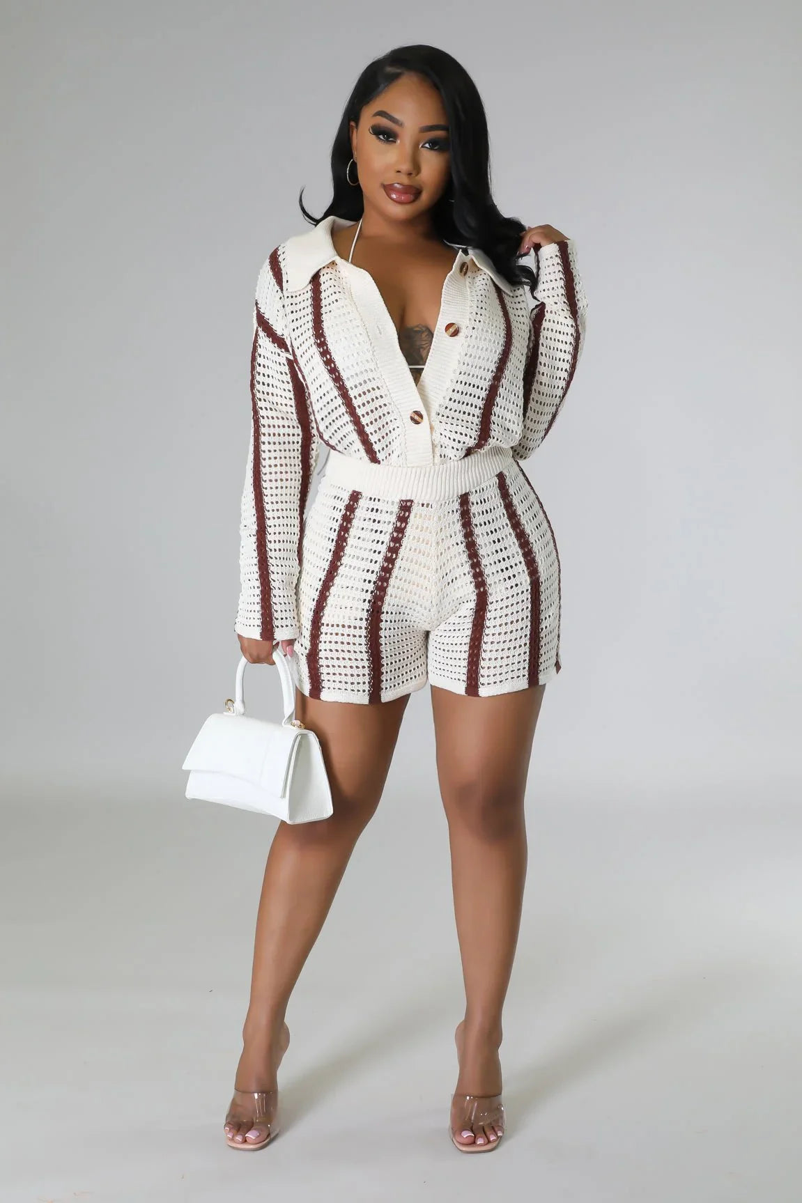 Vacation Mood Crochet Short Set – Brown Knit Two-Piece Outfit