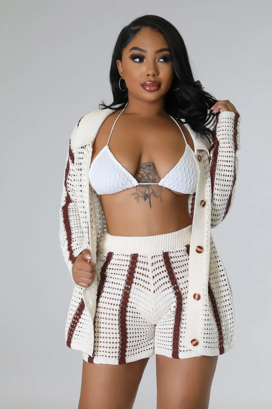 Vacation Mood Crochet Short Set – Brown Knit Two-Piece Outfit