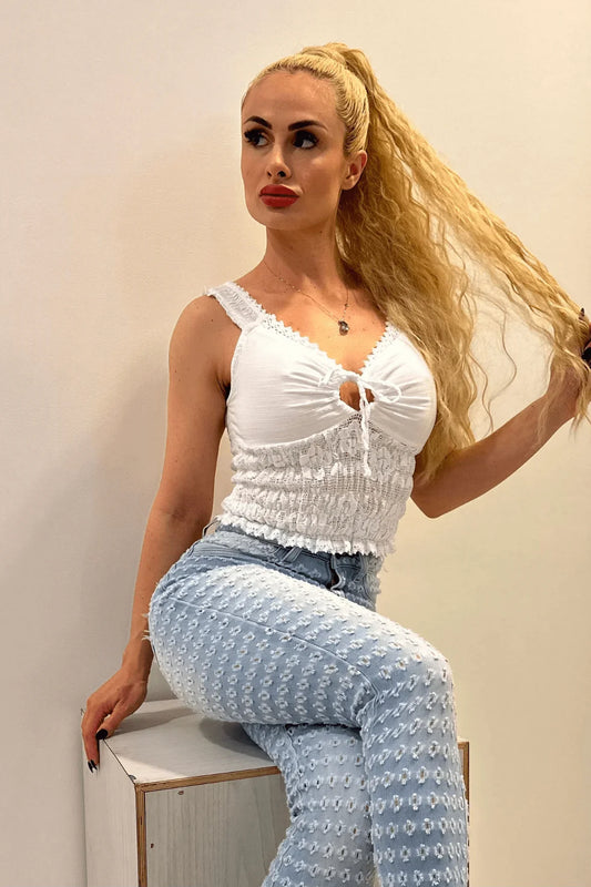 Vacation Vibes White Cotton Top with Smocked Detail