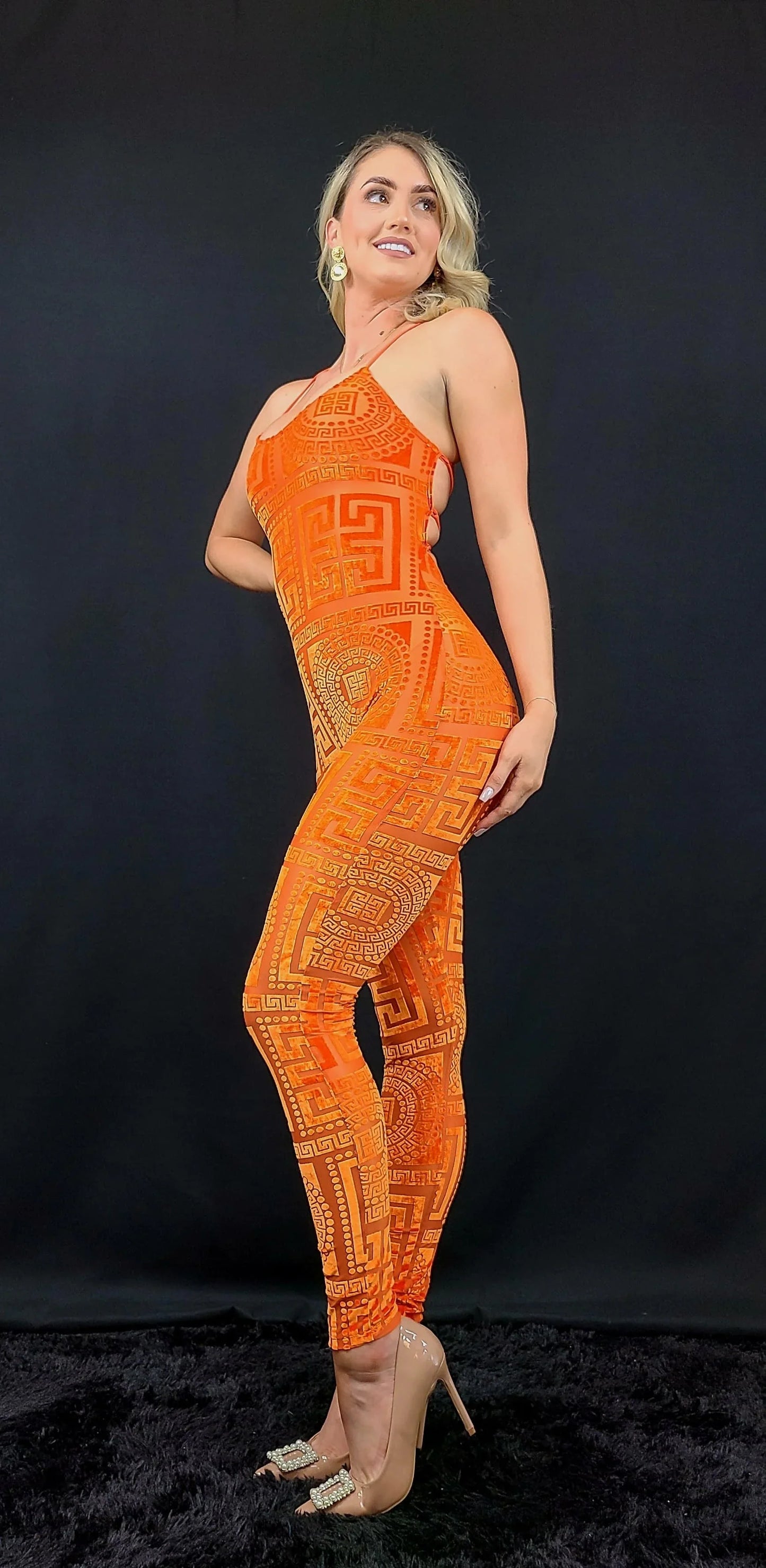 Velvet Mesh Jumpsuit – Next Destination Velvet Mesh Jumpsuit (Orange)