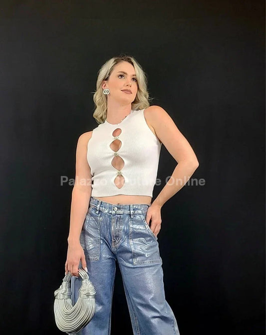 Victoria White Knit Top - Rhinestone Buttons