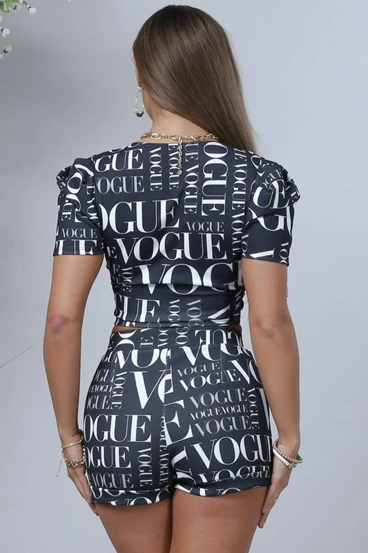 Vogue Print Black Crop Top with Puff Sleeves