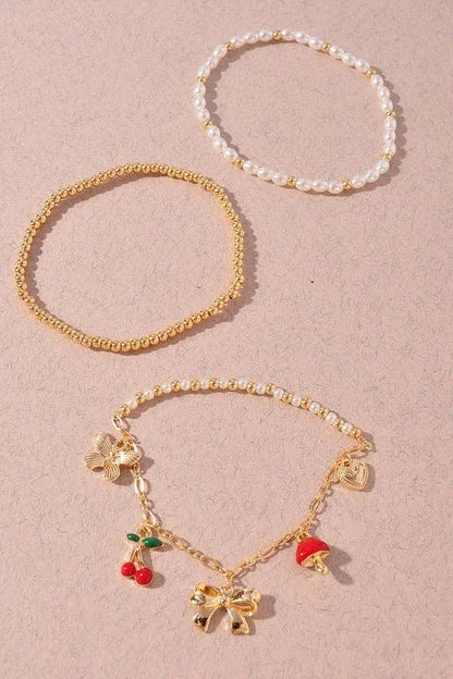 Whimsical Charm 3 piece Bracelet Set Gold Red