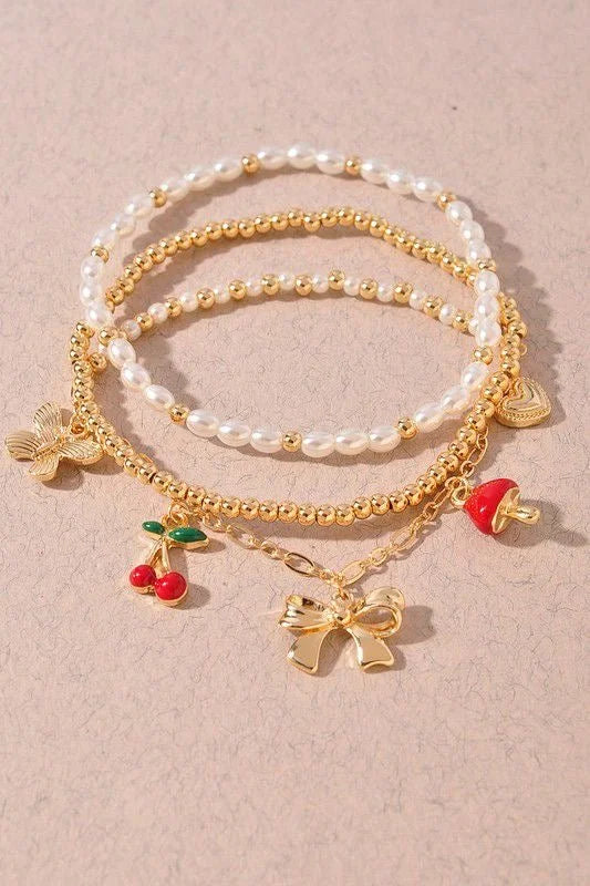 Whimsical Charm 3 piece Bracelet Set Gold Red