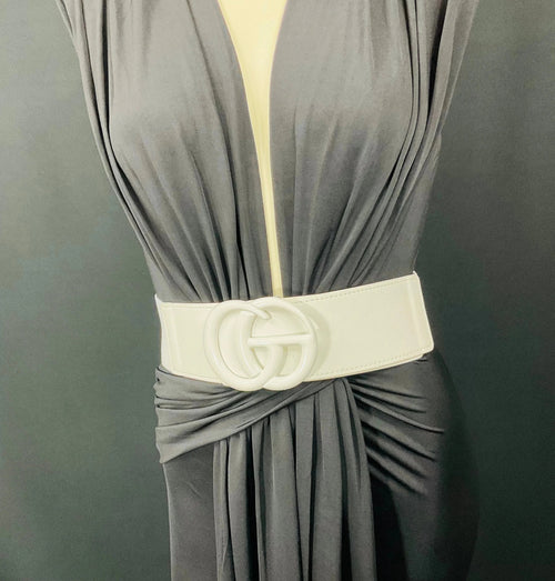 White Elastic Belt with Rhinestone GO Buckle
