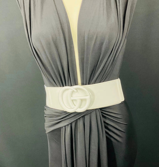 White Elastic Belt with Rhinestone GO Buckle