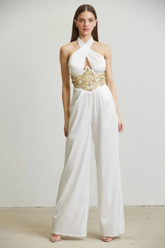 White Embellished Halter Jumpsuit
