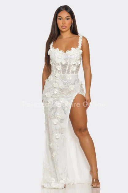 White Floral Sequin Gown – Enchanted Blossom Maxi