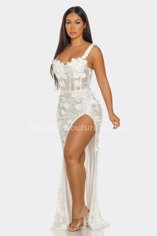 White Floral Sequin Gown – Enchanted Blossom Maxi