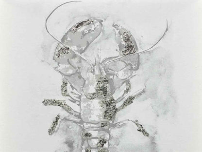 White Wash Lobster On Canvas Silver Foil Accents Gold Frame