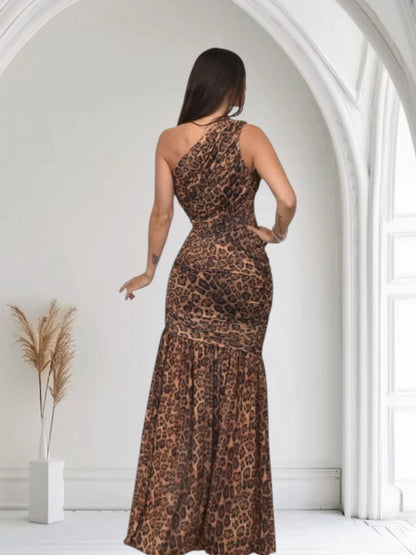 Wild Temptation Leopard Maxi Dress One Shoulder Mesh – Brown Multi