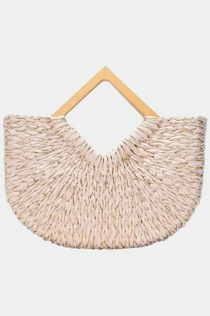 Wood Handle Straw Tote Bag with Woven Natural Texture