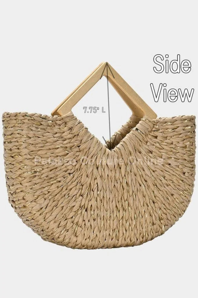 Wood Handle Straw Tote Bag with Woven Natural Texture