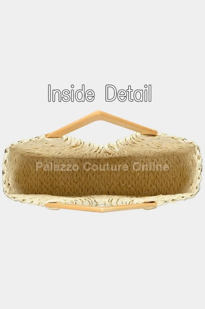 Wood Handle Straw Tote Bag with Woven Natural Texture