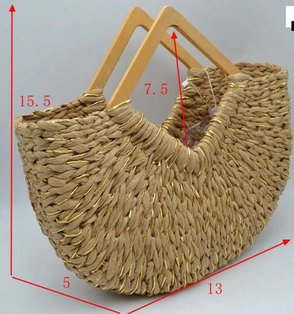 Wood Handle Straw Tote Bag (Natural)