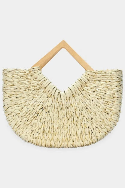 Wood Handle Straw Tote Bag with Woven Natural Texture