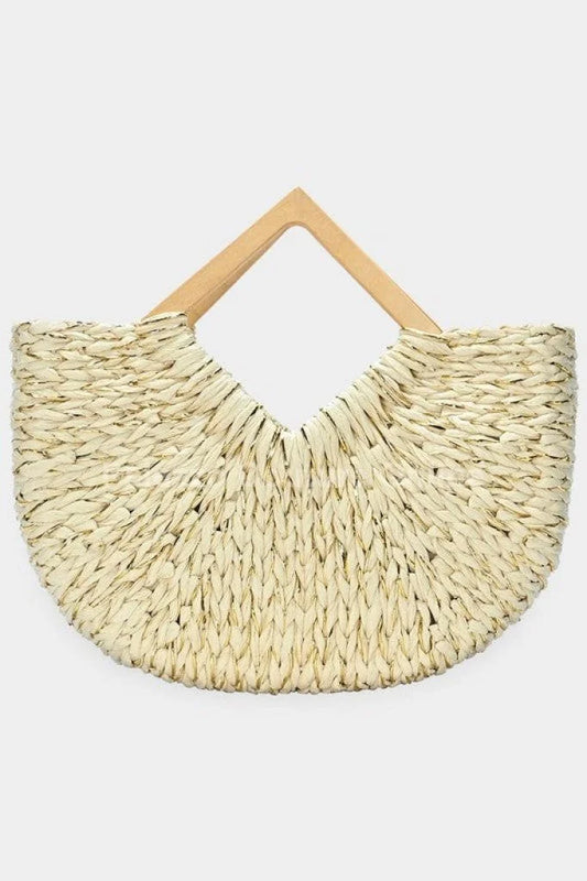 Wood Handle Straw Tote Bag (Natural)