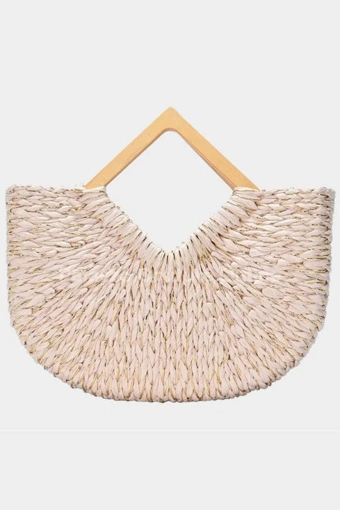Wood Handle Straw Tote Bag (Peach)