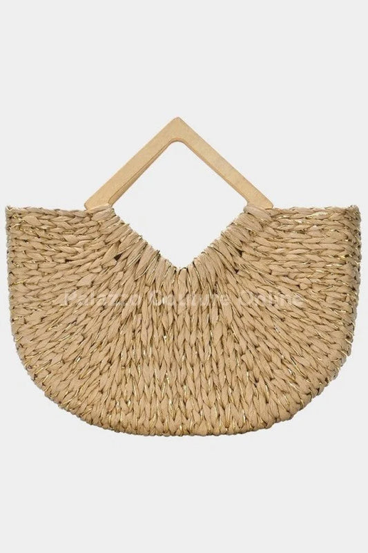 Wood Handle Straw Tote Bag with Woven Natural Texture